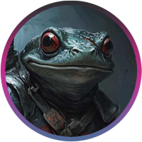 Ribbit, one of the players in the Daggerheart Campaign. It is token shape with a gradient of colors on the border going from grey, to pink to purplish blue.